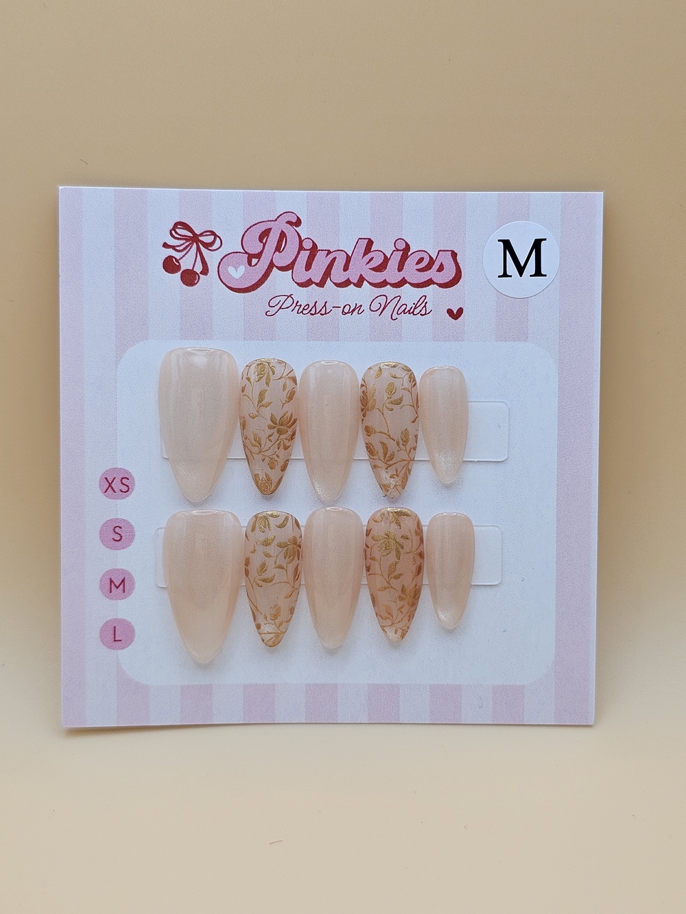 Press-on Nails Set 10pc Size M Almond Gold Brown Tan Champagne Cateye Floral